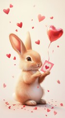 A cute bunny holds a Valentine card, surrounded by heart balloons in a lovely scene