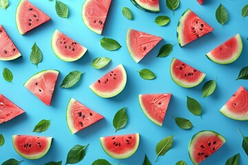 Fresh Watermelon Slices Pattern, Summer Fruits on Blue Background, Healthy Eating Concept