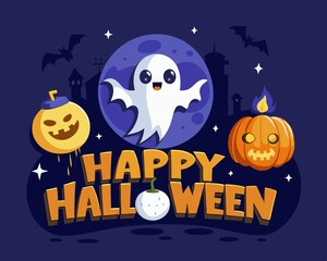 Happy Halloween text design, ghost, bat flying pumpkins, candle, moonnight, banner design on dark blue background, Eps 10 vector illustration