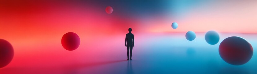 Fototapeta premium Person Standing Amid Glowing Orbs And Floating Bubbles