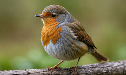 A robin perches on a branch with a blurred green background