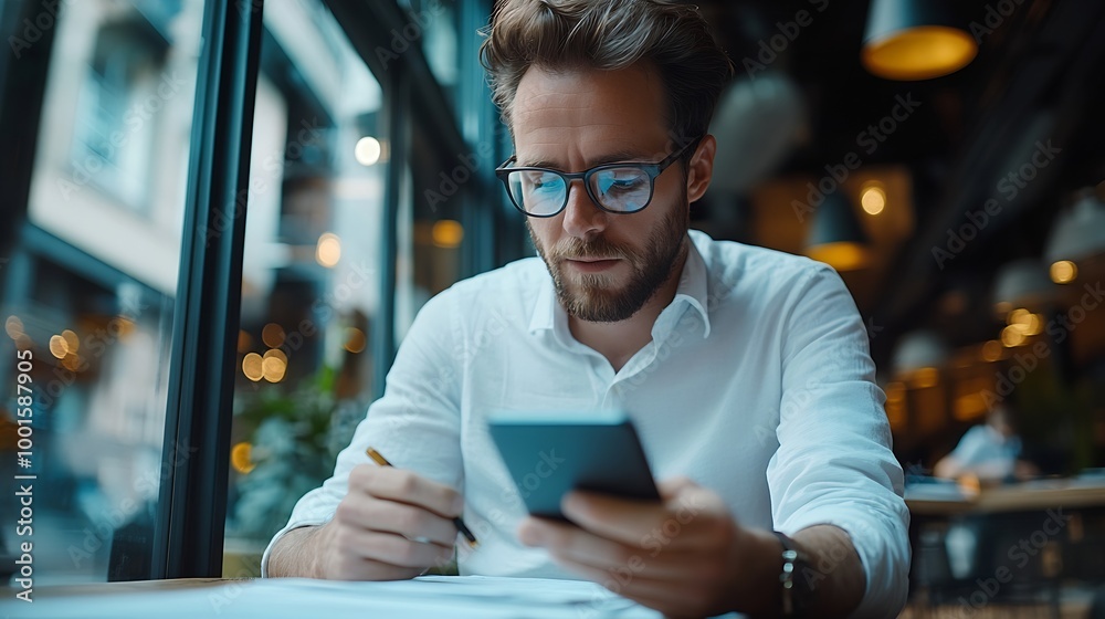 Aufkleber business man looking at financial information from a mobile phone he is checking company financial d