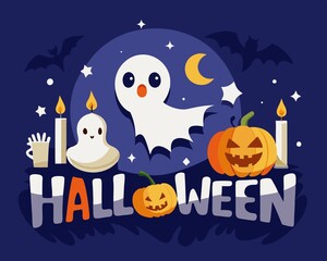Happy Halloween text design, ghost, bat flying pumpkins, candle, moonnight, banner design on dark blue background, Eps 10 vector illustration