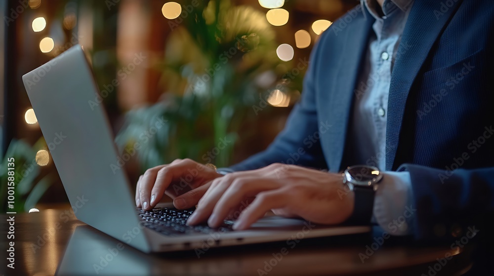 Leinwandbilder Happy business man typing on laptop for email update online project and reading digital report with mockup space Mature manager entrepreneur and working on computer for research planni : Generative AI