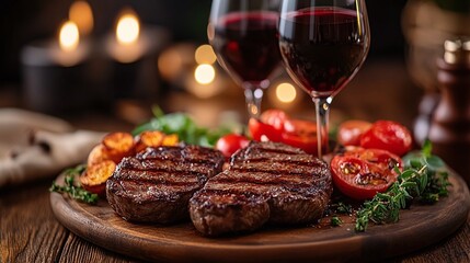 wooden table set for two with grilled steaks, roasted vegetables, and red wine, creating a romantic and elegant dinner atmosphere with gourmet flavors