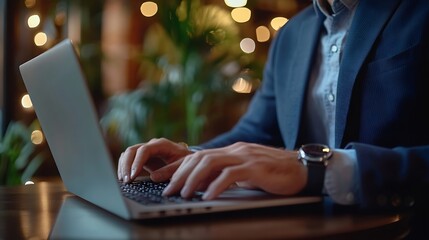 Happy business man typing on laptop for email update online project and reading digital report with mockup space Mature manager entrepreneur and working on computer for research planni : Generative AI