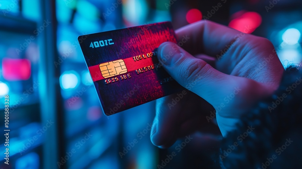 Aufkleber Cropped hands image in criminal anonymous male approaching credit card of personal information database for codding encryption scam program in privacy system at night at blue neon ligh : Generative AI