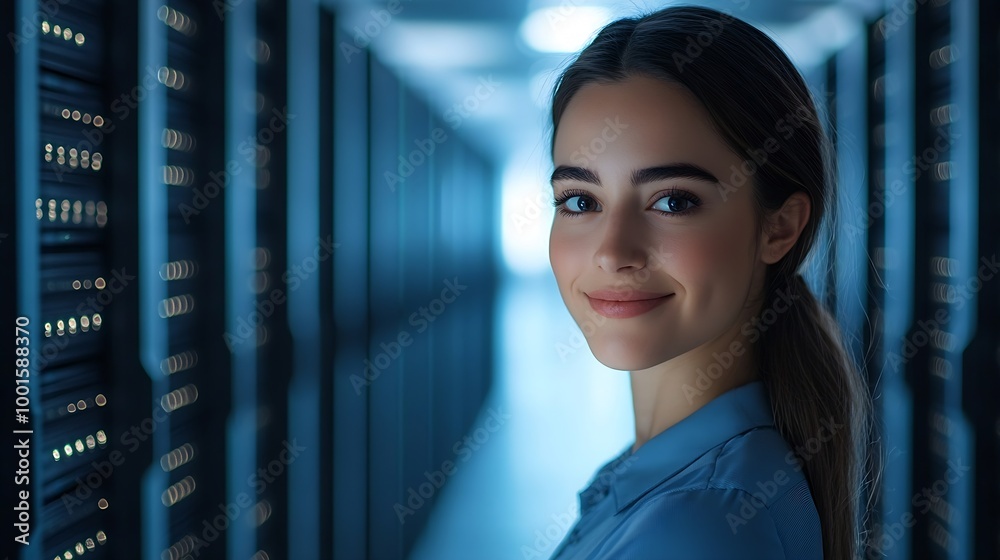 Poster Future Technology Face ID Facial Recognition Biometric Face Detection 3D Technological Identification Scanning of Face of Smiling Cheerful Woman Server Specialist in Computer Security  : Generative AI