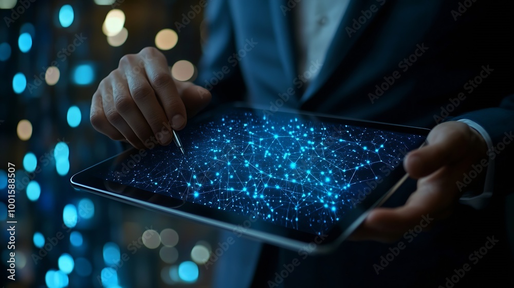 Poster Cyber security network Data protection concept Businessman using digital tablet with biometric network security technology to access privacy data and management computer crime data enc : Generative AI