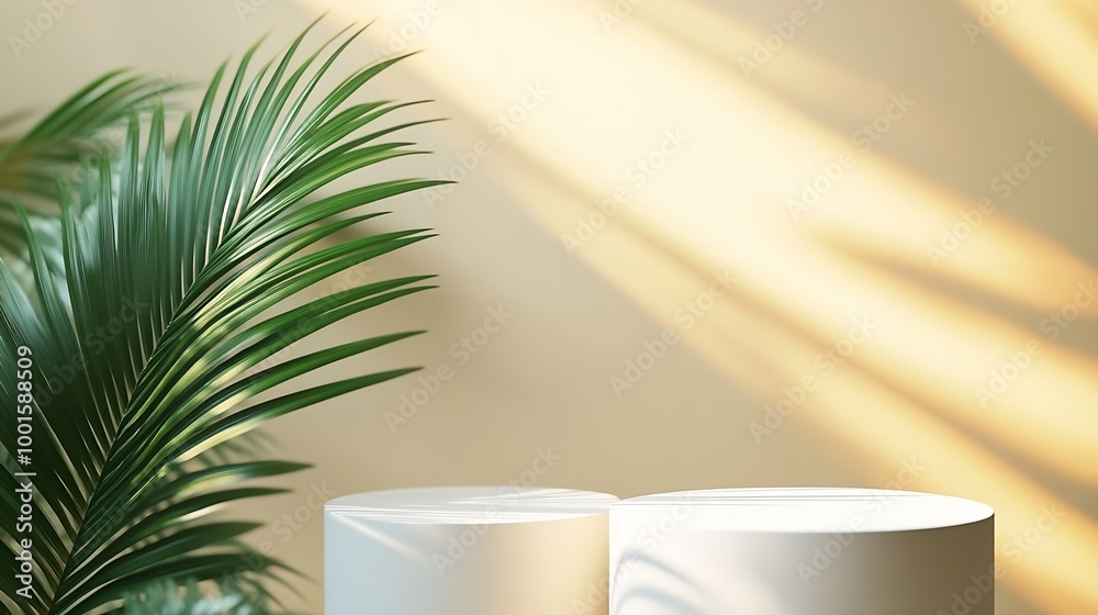Aufkleber Three varying height white podiums complemented by a palm leaf on a neutral background ideal for product display : Generative AI
