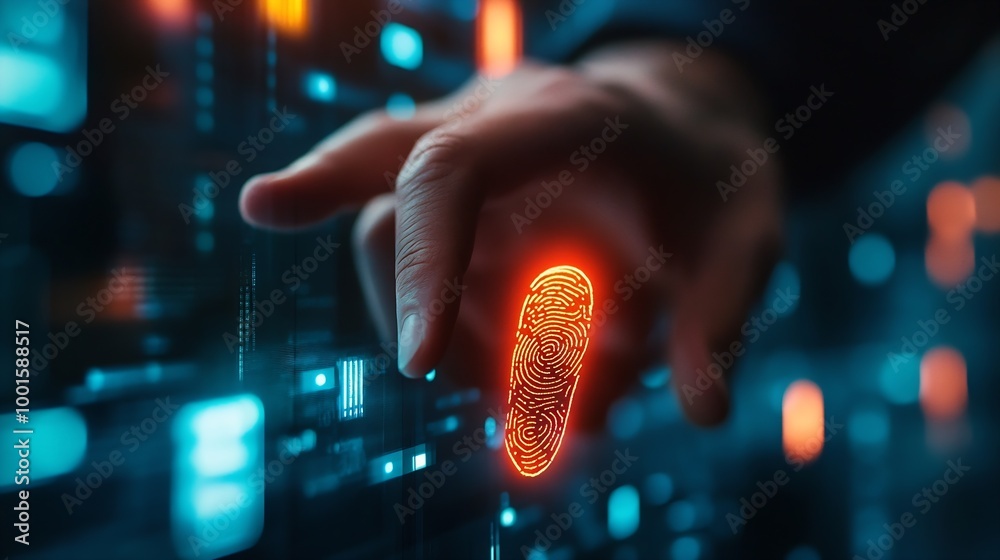 Poster Businessman using fingerprint indentification to access personal financial data for Ekyc electronic know your customer biometrics security innovation technology against digital cyber c : Generative AI