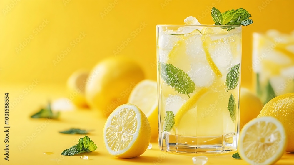 Poster a cold lemonade in a glass with lemon mint and ice on a yellow and white background the concept of a