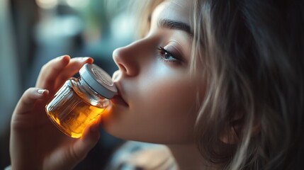 Unrecognizable woman drinks the dose of a disgusting syrup while holding the bottle of the drug in her hand : Generative AI