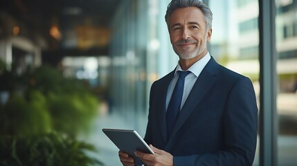 Fototapeta premium Happy middle aged business man ceo wearing suit standing in office using digital tablet Smiling mature businessman professional executive manager looking away thinking working on tech : Generative AI
