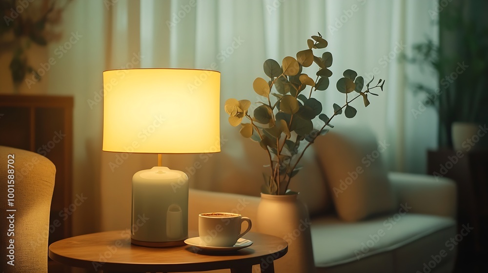 Aufkleber vertical shot of soft modular couch floor standing lamp side table green eucalyptus in vase and coff