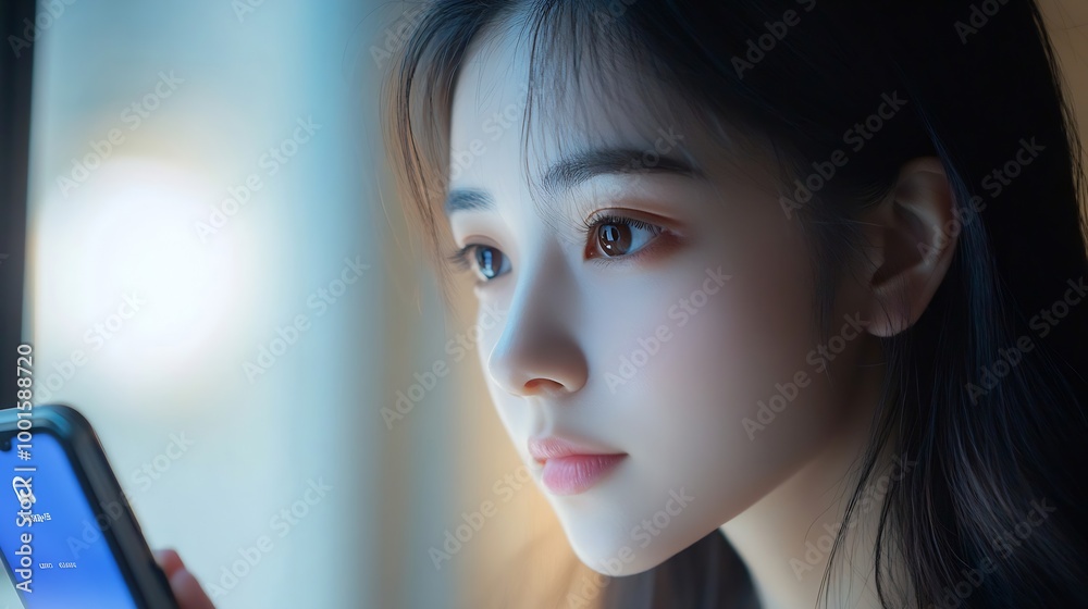 Aufkleber asian using mobile smartphone scanning face id to unlock phone security access with facial recogniti