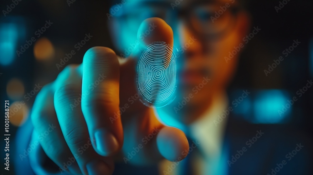 Poster Businessman and fingerprint scanning unlock and access to business data network Cloud Biometric identification and cyber security protect business transaction from online digital cyber : Generative AI