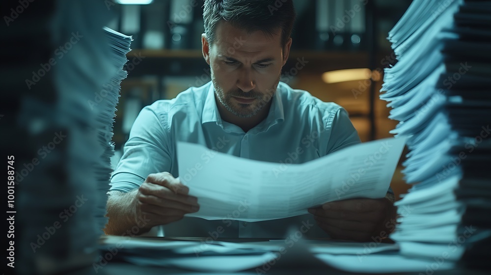 Fototapete Businessman look up documents and sort items for efficient document management organizing organizational information document visualization record management online document file infor : Generative AI