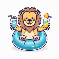 Fototapeta premium Cute lion Chill On Swimming Tires With Juice Cartoon Vector Icon Illustration