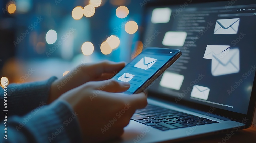 Poster business person reading emails on smartphone and laptop computer screen online communication and mar