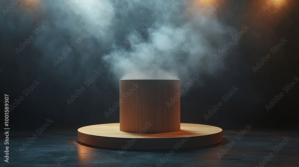 Aufkleber The empty wooden cylinder shape of product display Podium Stand for showing or design blank backdrop dark abstract wall with smoke float up Platform illuminated by spotlights : Generative AI