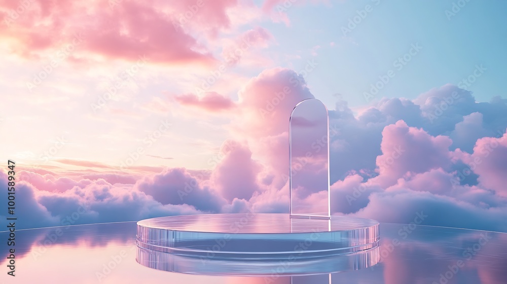 Poster Front view of transparent podium decorated with pinky cloudy sky background abstract content : Generative AI