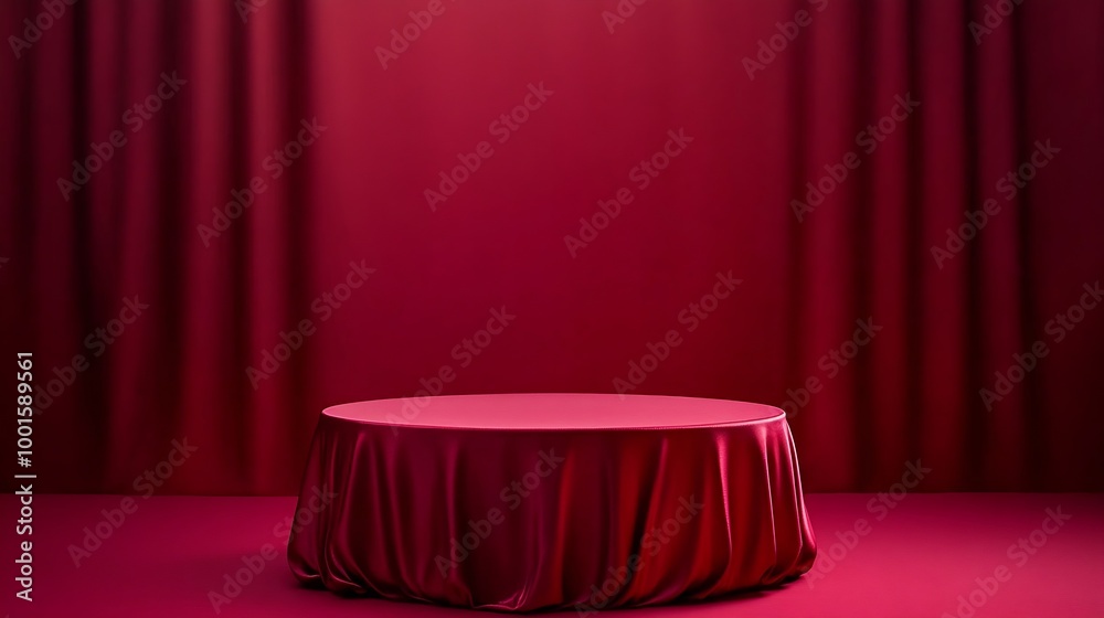 Aufkleber cylinder podium covered with red cloth on viva magenta background premium empty fabric pedestal for 