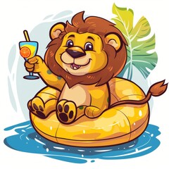 Naklejka premium Cute lion Chill On Swimming Tires With Juice Cartoon Vector Icon Illustration