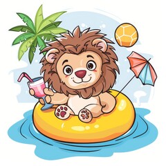 Naklejka premium Cute lion Chill On Swimming Tires With Juice Cartoon Vector Icon Illustration