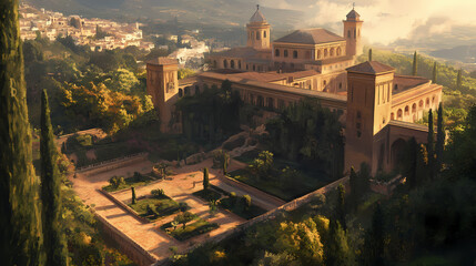 Obraz premium view from above of the alhambra in spain, with its moorish architecture, lush gardens, and courtyards nestled into the hillside overlooking the city of granada. Moorish Architecture. Illustration