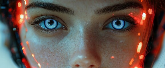 Close-up of a Woman's Eyes with White Contact Lenses and Red Lights