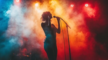 Obraz premium live music concert with a singer on stage, holding a microphone, illuminated by colorful lights and enhanced by smoke effects, creating a mesmerizing performance for the audience