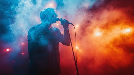Obraz premium live music concert with a singer on stage, holding a microphone, illuminated by colorful lights and enhanced by smoke effects, creating a mesmerizing performance for the audience