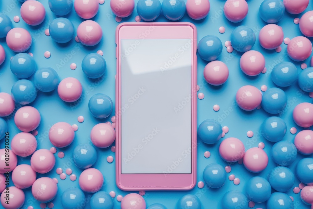 Fototapete blue balls background with pink frame and white screen for text, top view. the design is minimalisti