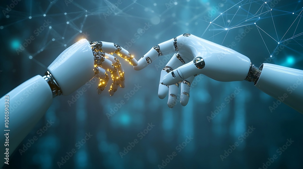 Aufkleber AI Machine learning Hands of robot and human touching on big data network connection background Science and artificial intelligence technology innovation and futuristic : Generative AI