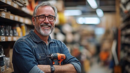 smiling mature man with a drill in hand shopping at a home improvement store, ready for a DIY project, showcasing the hardware tools and supplies available for home renovation