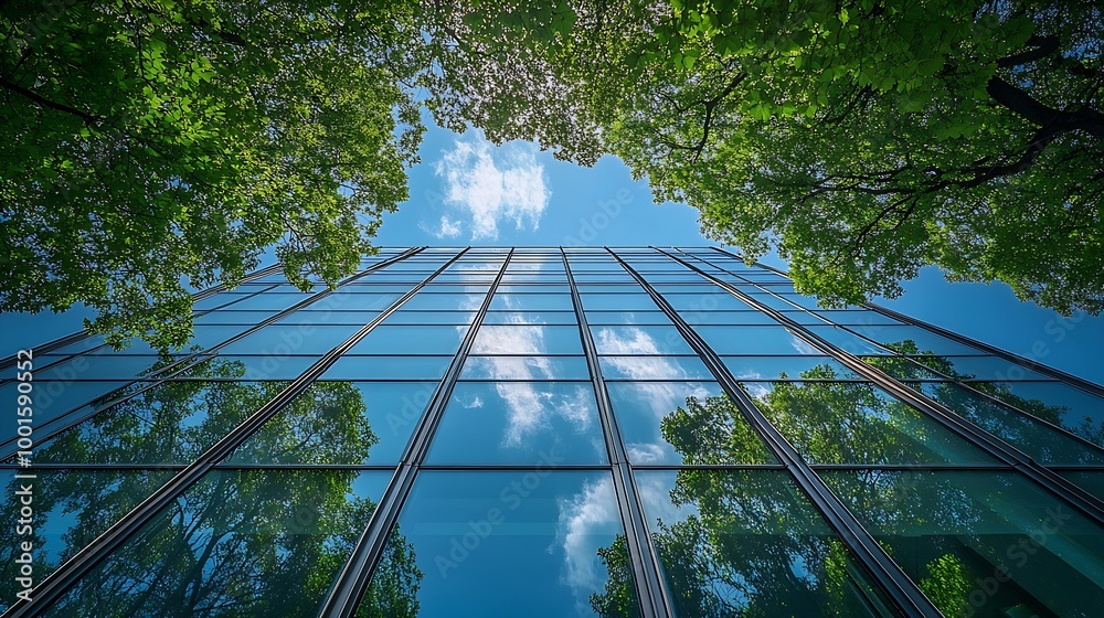 Aufkleber ecofriendly building in the modern city sustainable glass office building with trees for reducing he