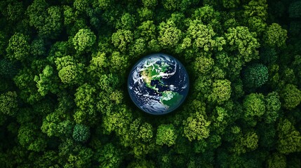 Aerial top view green forest with globe earth Green planet in your hands Save Earth Texture of...