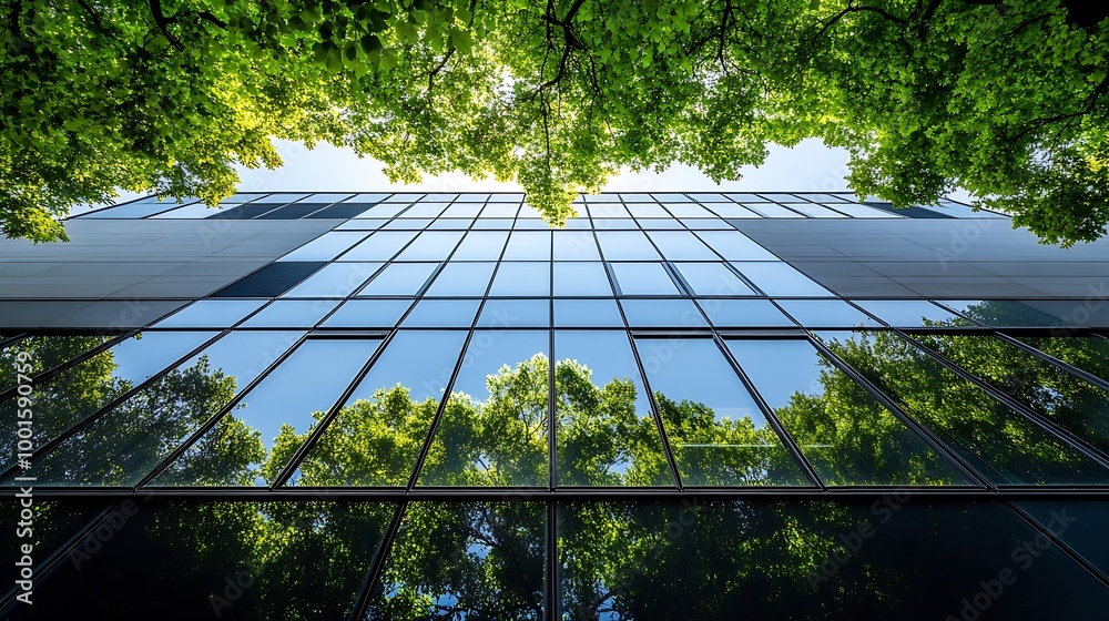 Poster sustainable green building ecofriendly building sustainable glass office building with tree for redu