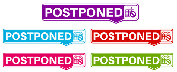 Set postponed badge labels icon. New date coming soon symbol design template vector illustration