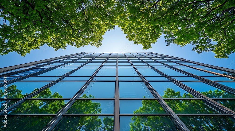 Aufkleber ecofriendly building in the modern city sustainable glass office building with trees for reducing he