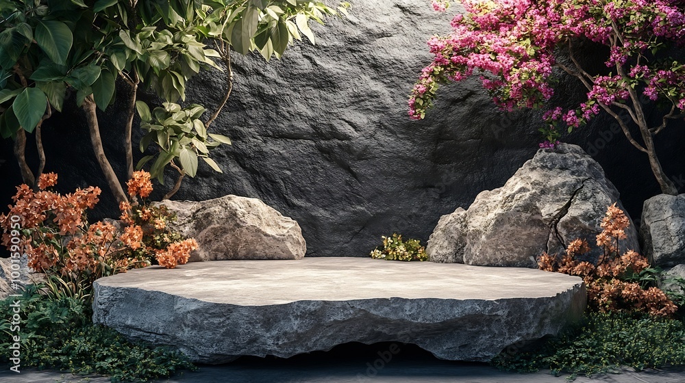Poster Front view of the stone podium showcases products in a garden with flowers plants and branches Empty platform : Generative AI