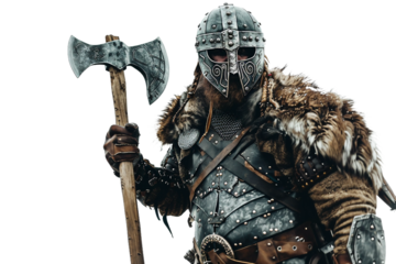 Adventurous Viking Raider in Practical Leather and Fur Armor Isolated on Transparent Background