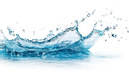 Vibrant blue water splash captured mid-air, isolated on a clean white background, showing dynamic motion and crystal-clear droplets