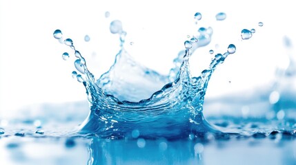 Vibrant blue water splash captured mid-air, isolated on a clean white background, showing dynamic motion and crystal-clear droplets