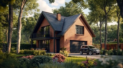 Cozy family house with garden and garage outdoors : Generative AI