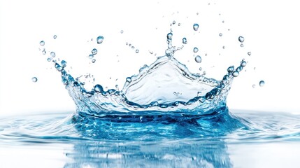 Vibrant blue water splash captured mid-air, isolated on a clean white background, showing dynamic motion and crystal-clear droplets