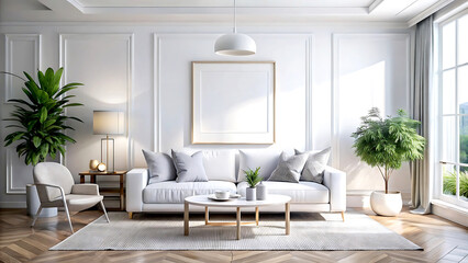 Fototapeta premium Home mockup, white luxury minimalist living room interior, 3d render, white Mock up frame