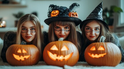 Halloween Celebrations with Witches and Pumpkins in an Autumn Forest Setting