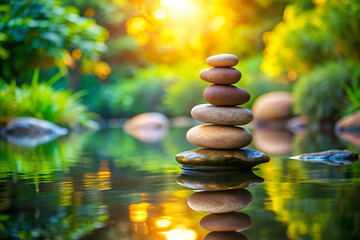 Obraz premium A stack of rocks is on top of a body of water. The water is calm and the rocks are arranged in a pyramid shape. The scene is peaceful and serene, with the rocks reflecting the sunlight on the water